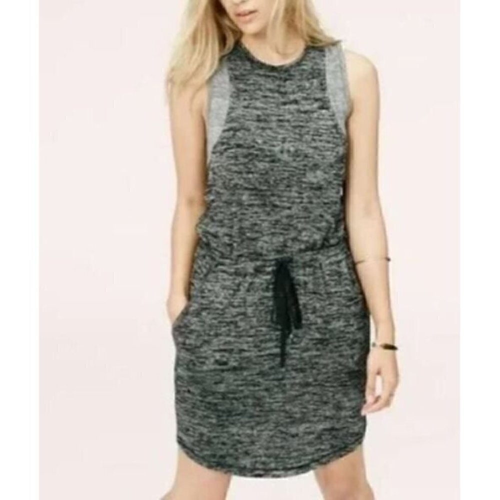LOFT Lou Grey Tank Dress Womens Large Black Gray Spacedye Drawstring Waist Boho